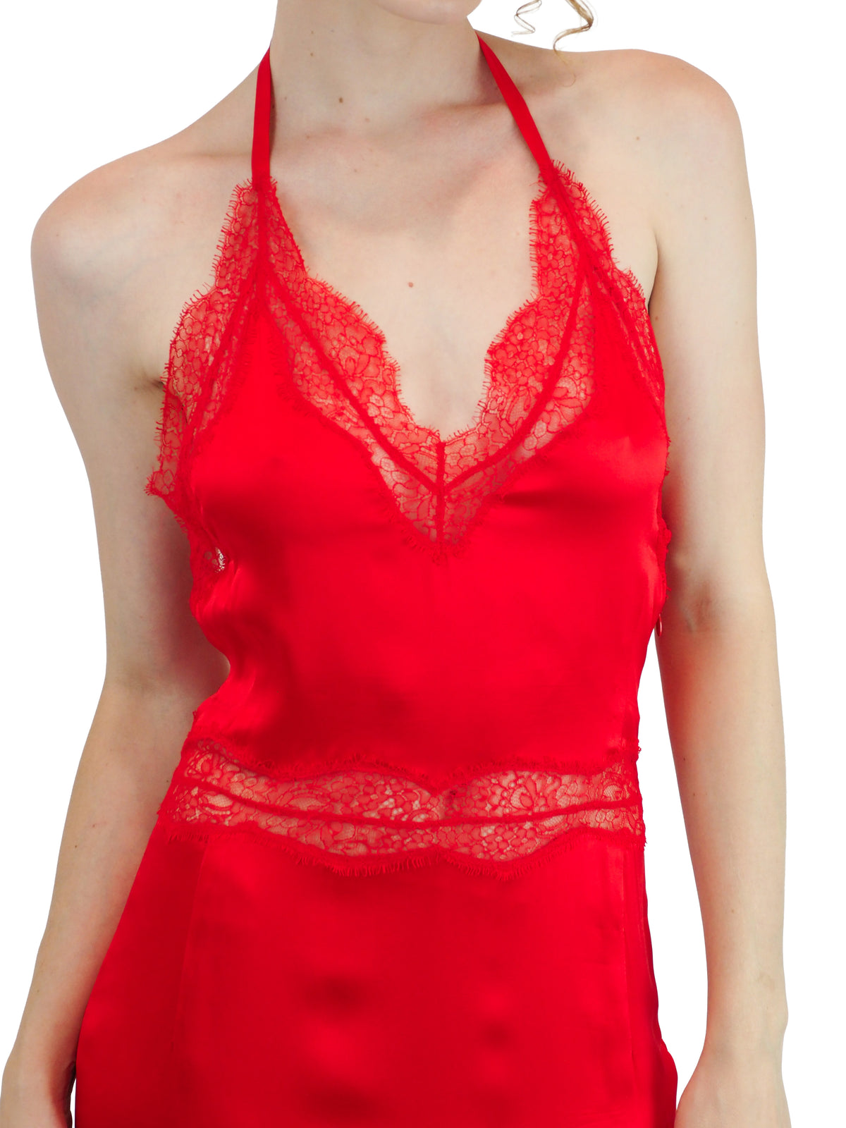 A vintage Valentino Y2K vibrant red silk halter-neck gown with lace detailing on the bodice and waist