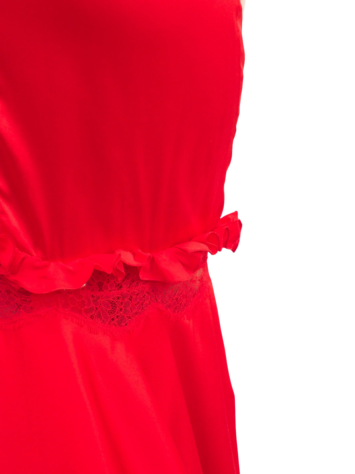A vintage Valentino Y2K vibrant red silk halter-neck gown with lace detailing on the bodice and waist