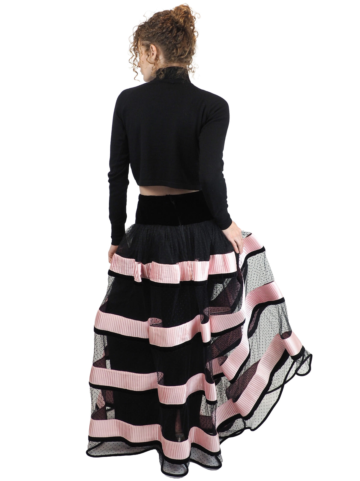 A vintage Valentino 1992/1993 long polka dotted black skirt with pink striped mesh panels