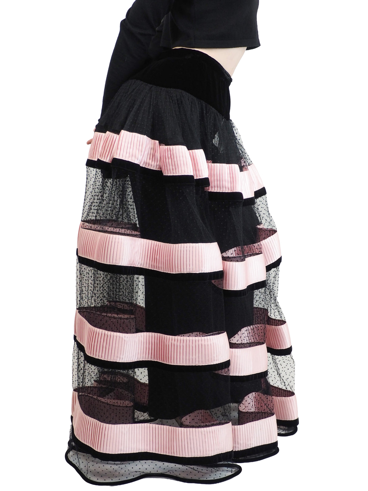 A vintage Valentino 1992/1993 long polka dotted black skirt with pink striped mesh panels