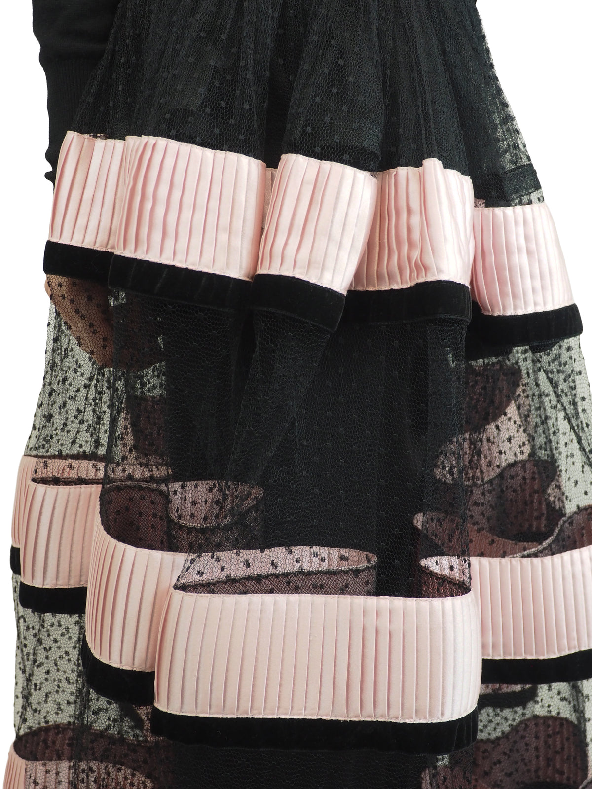 A vintage Valentino 1992/1993 long polka dotted black skirt with pink striped mesh panels