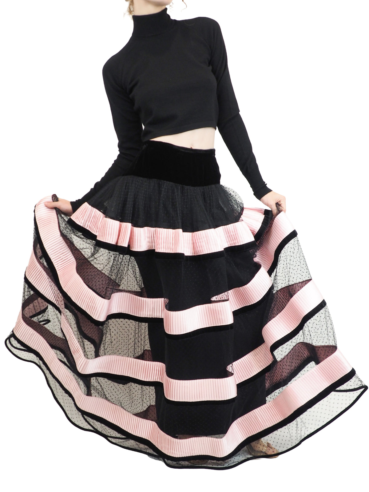 A vintage Valentino 1992/1993 long polka dotted black skirt with pink striped mesh panels