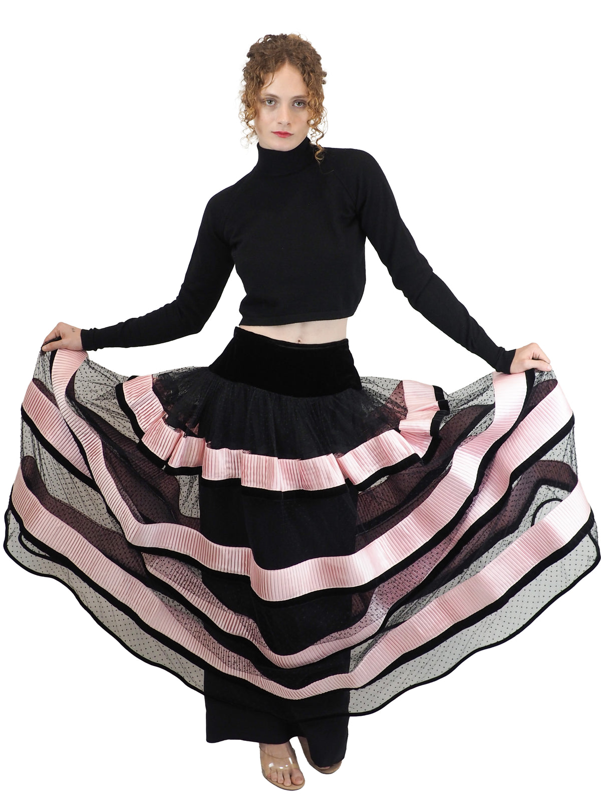 A vintage Valentino 1992/1993 long polka dotted black skirt with pink striped mesh panels
