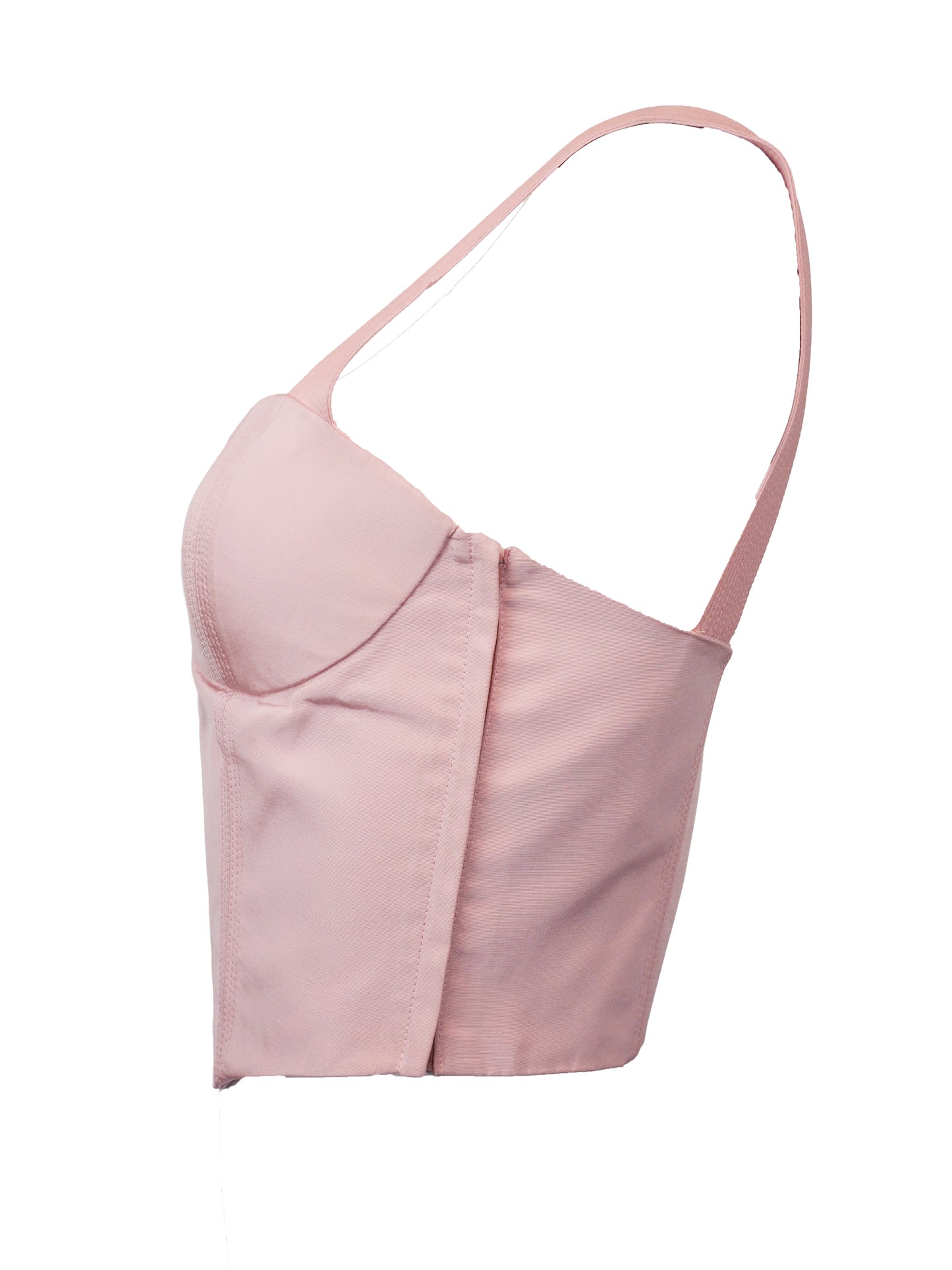A vintage Versace 1980's light pink structured bustier top with wide shoulder straps, molded cups, and vertical seam detailing