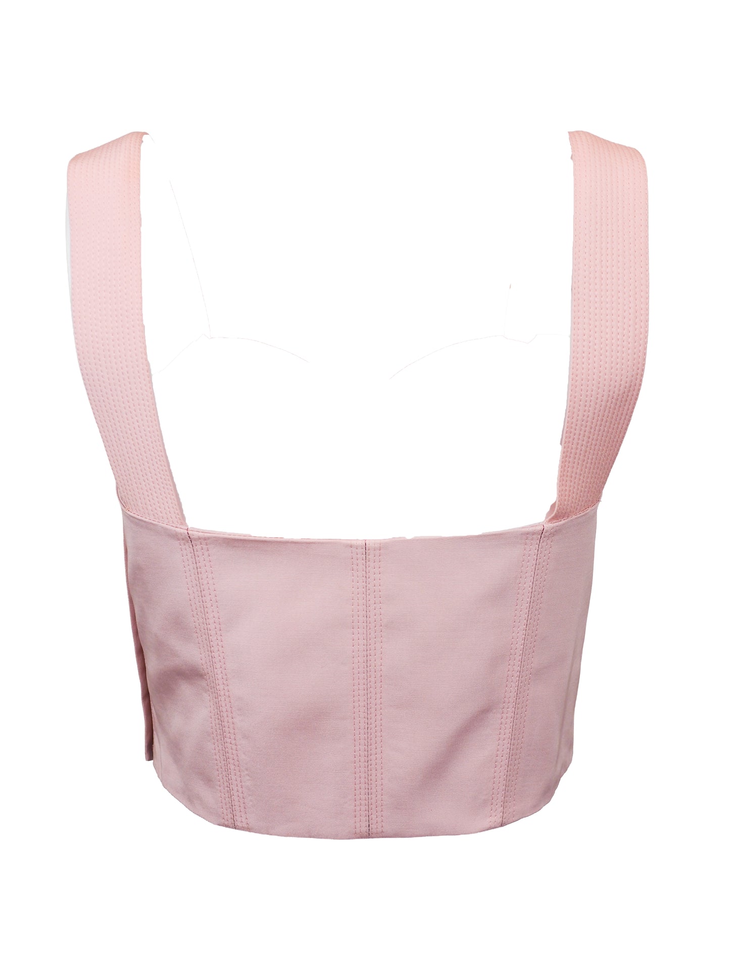 A vintage Versace 1980's light pink structured bustier top with wide shoulder straps, molded cups, and vertical seam detailing