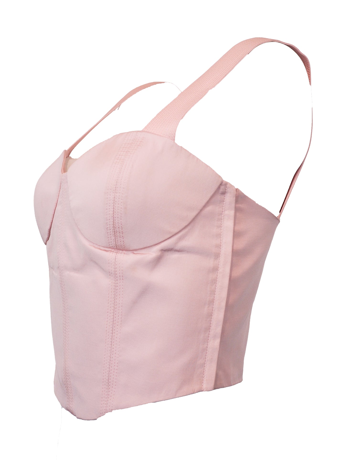 A vintage Versace 1980's light pink structured bustier top with wide shoulder straps, molded cups, and vertical seam detailing