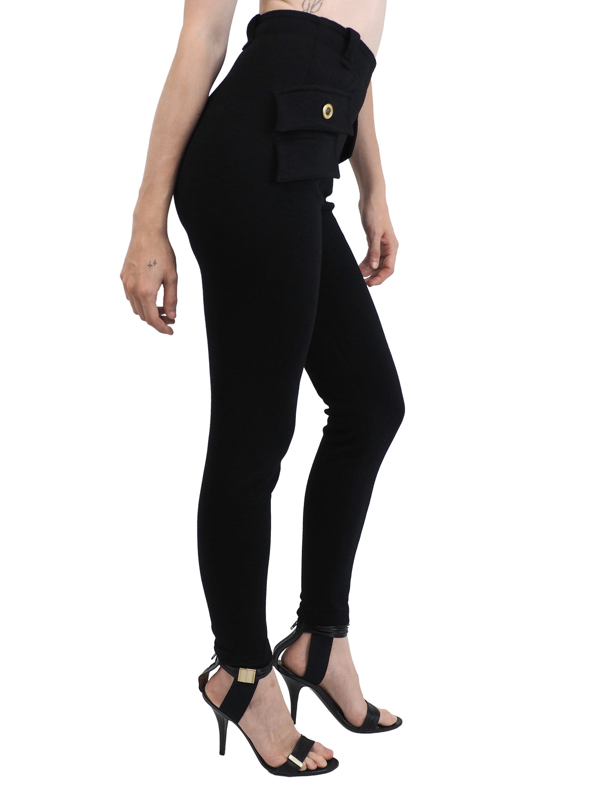 Black vintage Versace high-waisted skinny pants with flap pockets and gold medusa button details