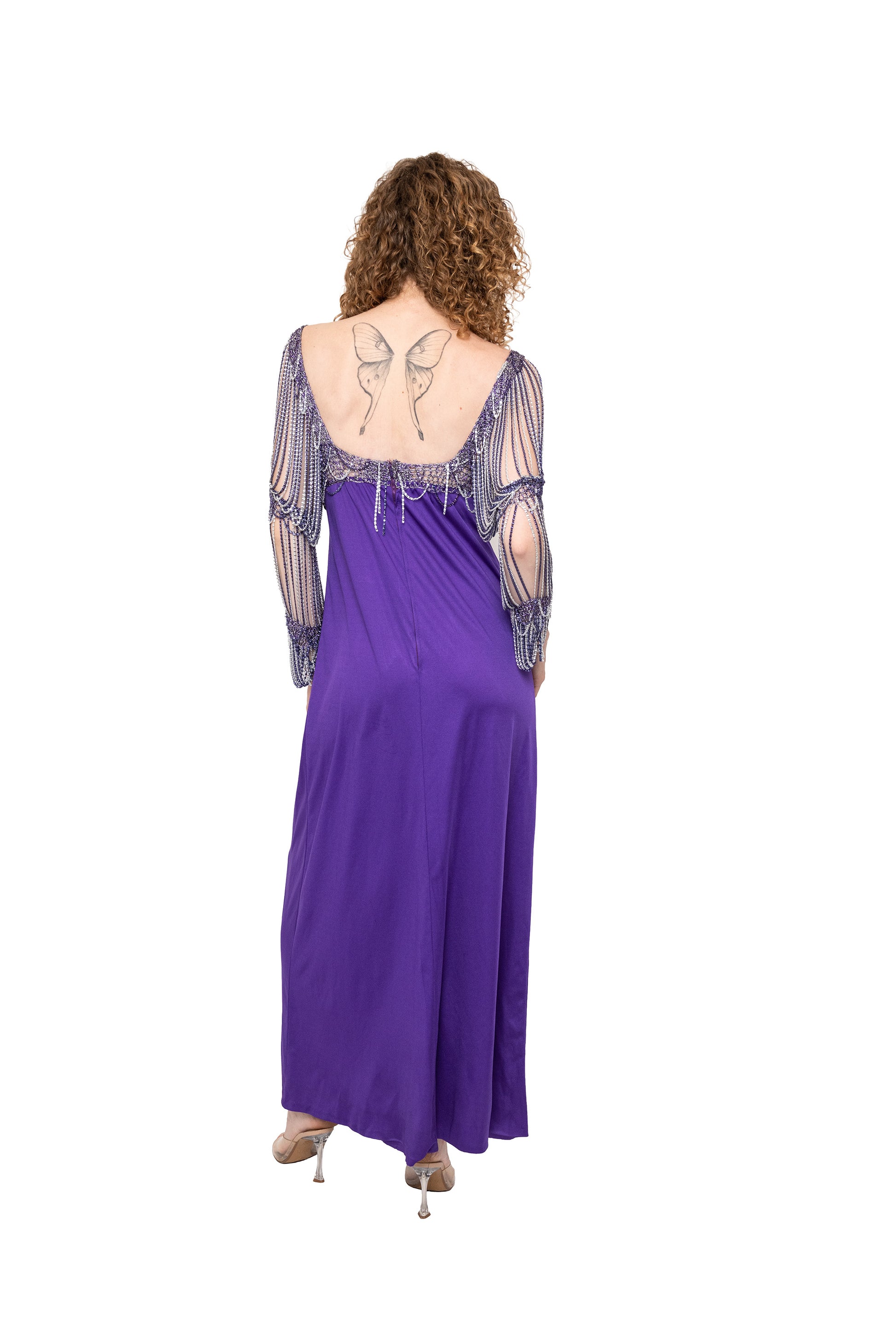 loris azzaro 1971 vintage dress with chainmail purple gown, retro designer party dress, wedding, vacation, photoshoot
