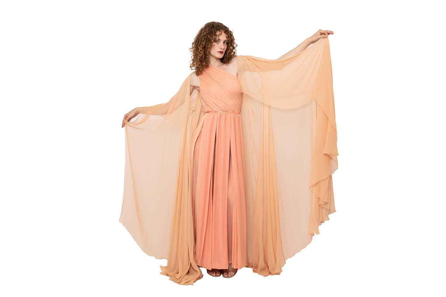 vintage gown by galanos, one shoulder, asymmetric, pink, rose, chiffon, retro, wedding, vacation dress