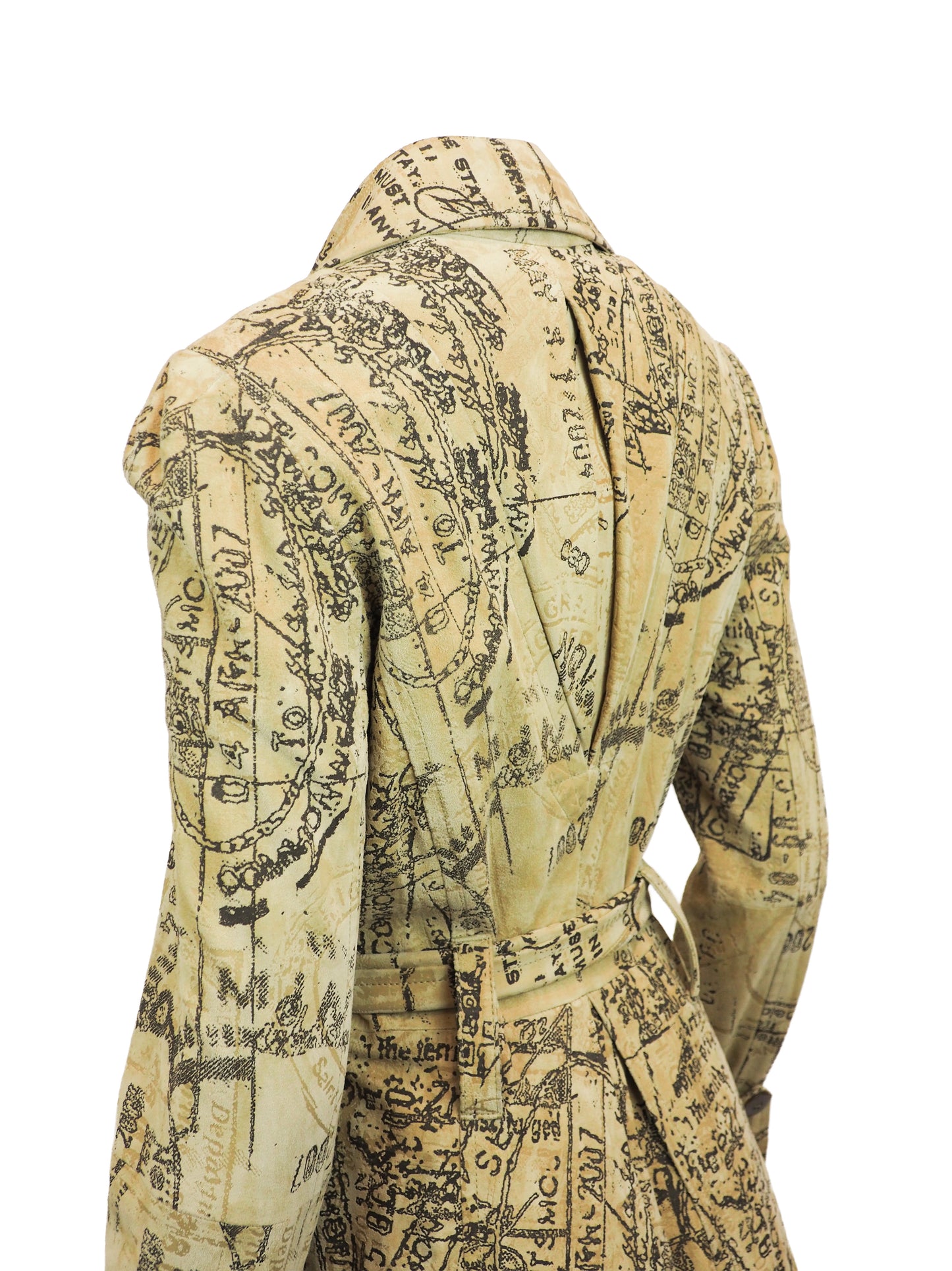 A Diane Von Furstenberg beige trench coat with an all-over black vintage map and script print, featuring a double-breasted design with brown buttons and a matching waist tie, shown against a plain white background.