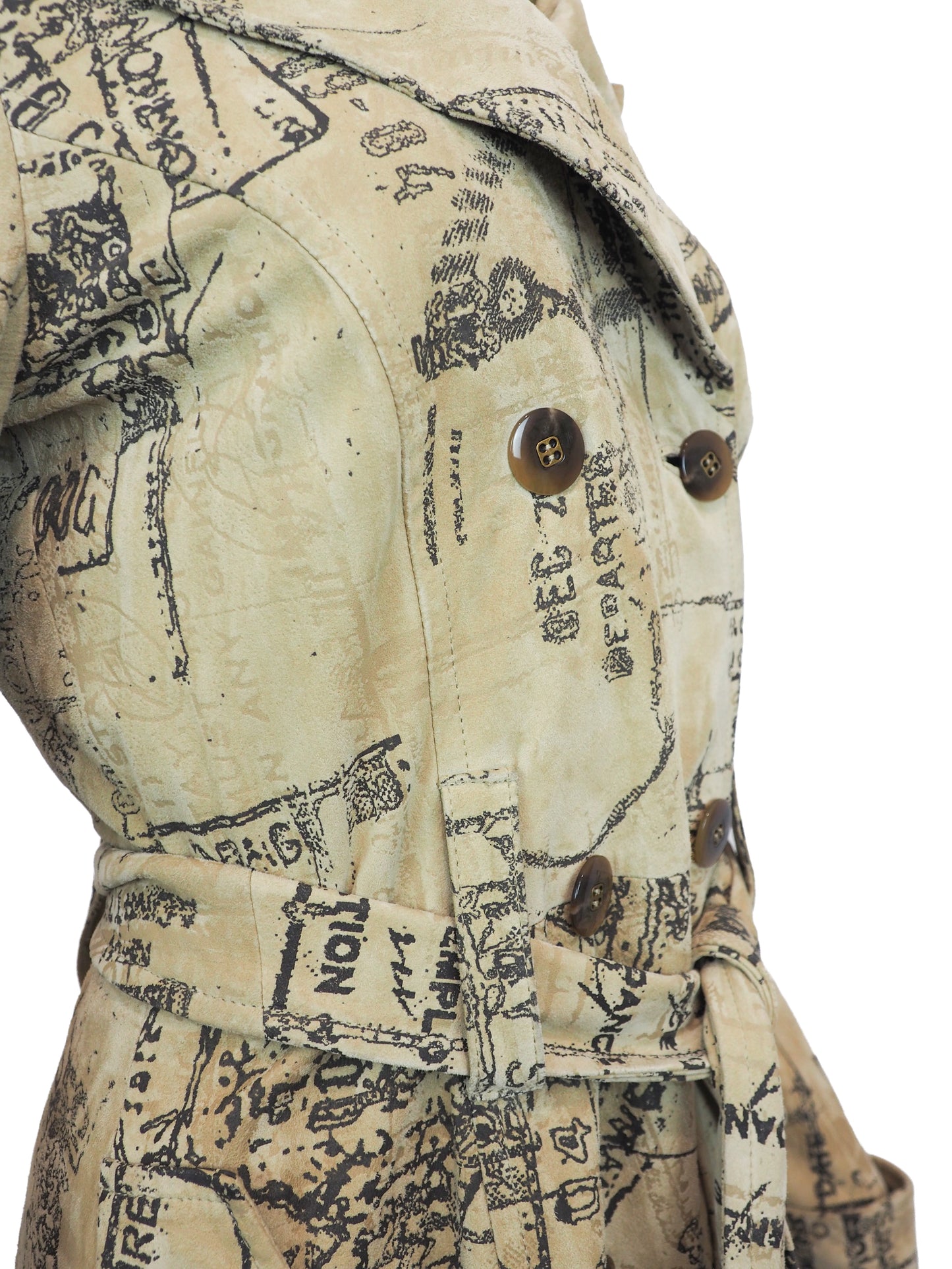 A Diane Von Furstenberg beige trench coat with an all-over black vintage map and script print, featuring a double-breasted design with brown buttons and a matching waist tie, shown against a plain white background.