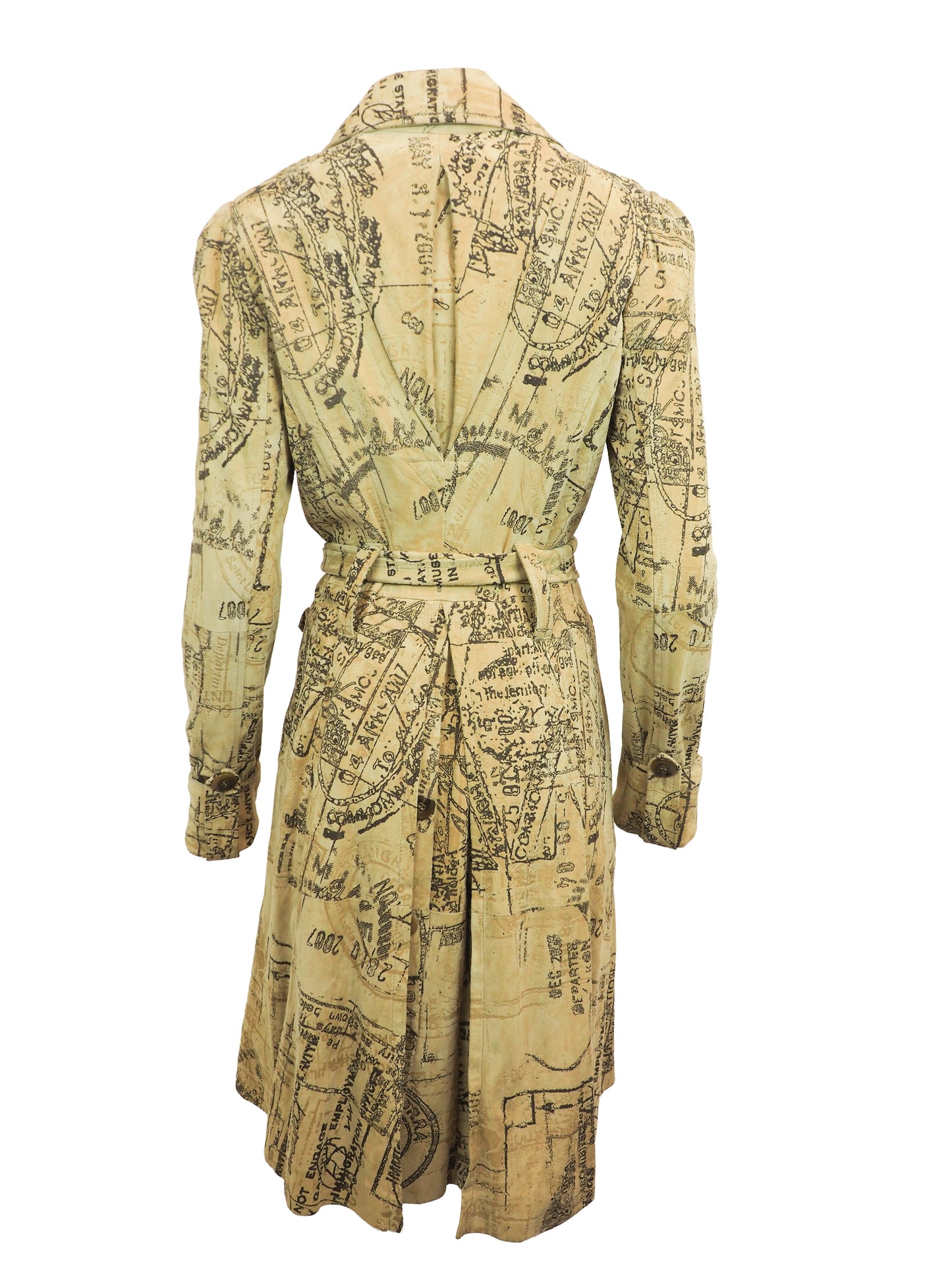 A Diane Von Furstenberg beige trench coat with an all-over black vintage map and script print, featuring a double-breasted design with brown buttons and a matching waist tie, shown against a plain white background.