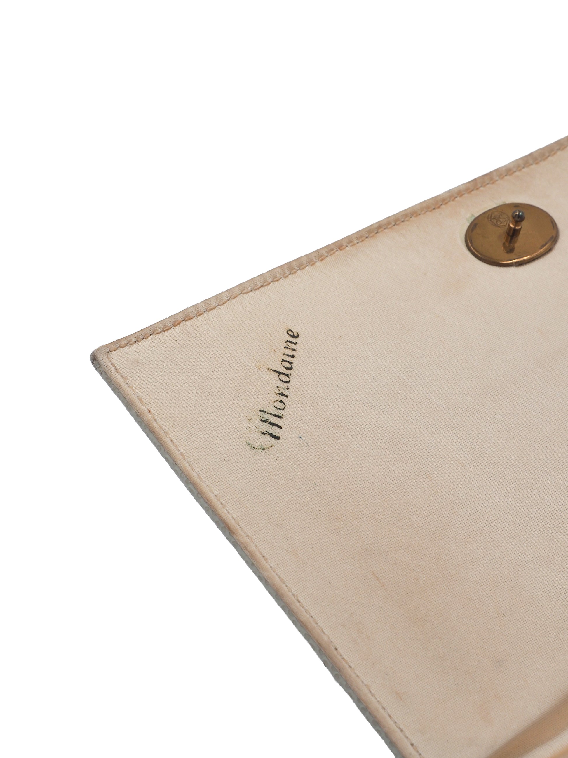 A vintage white lizard textured leather clutch handbag with a braided tan rope handle and gold-toned metal accents