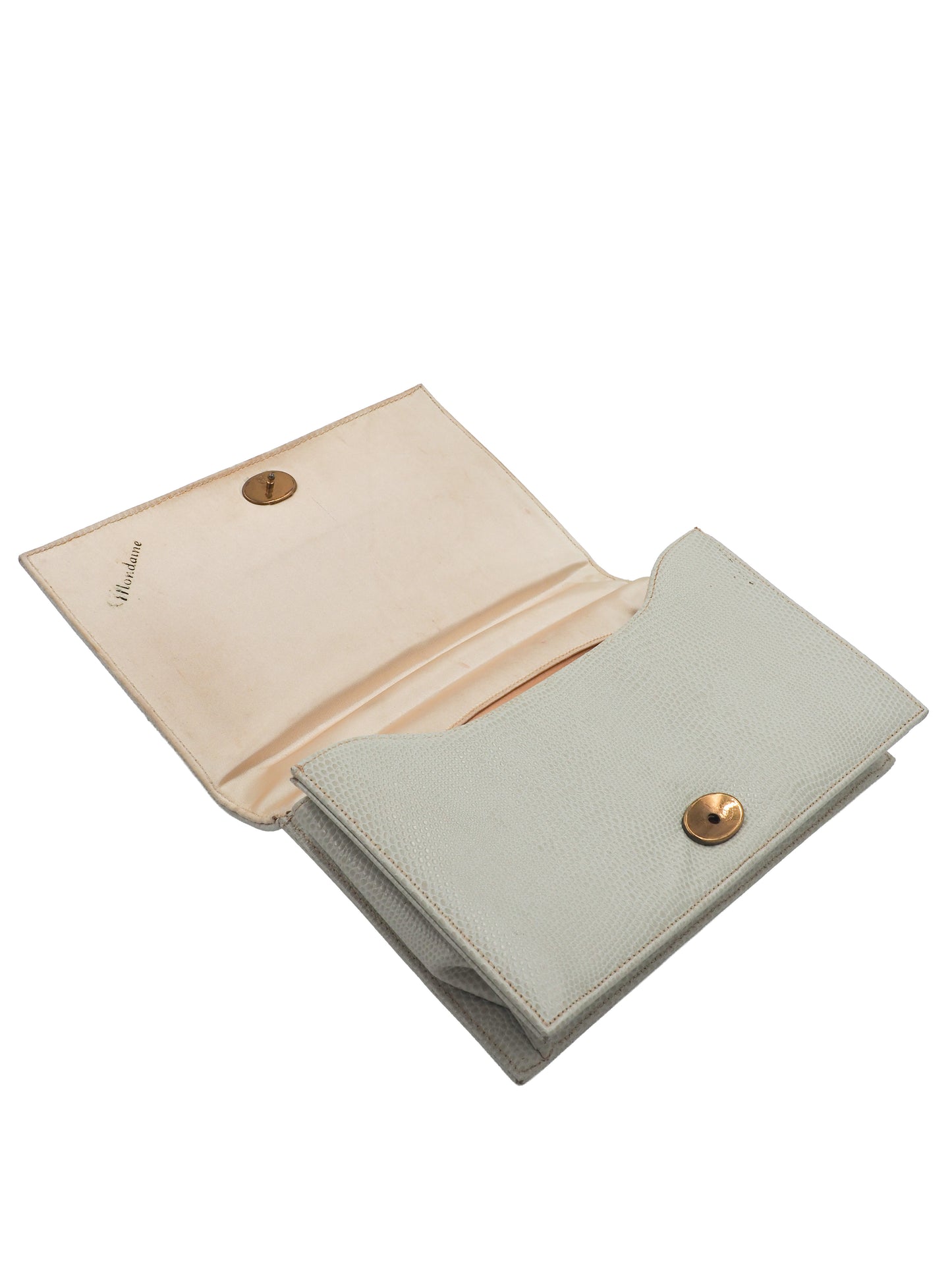 A vintage white lizard textured leather clutch handbag with a braided tan rope handle and gold-toned metal accents