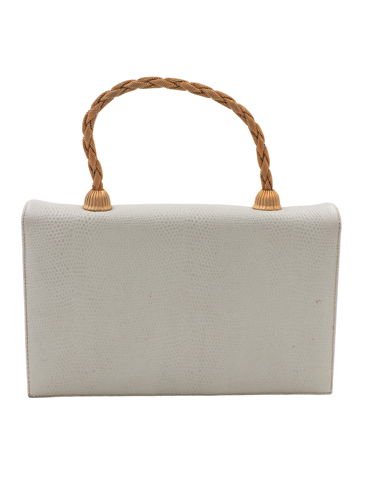 A vintage white lizard textured leather clutch handbag with a braided tan rope handle and gold-toned metal accents