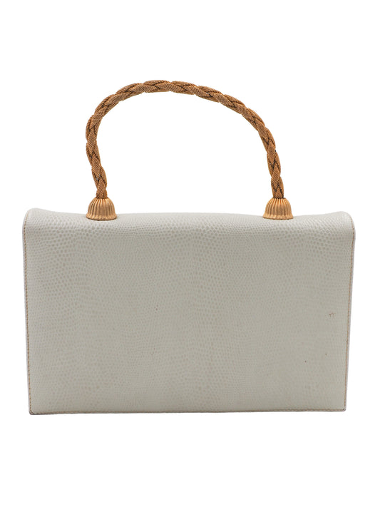 A vintage white lizard textured leather clutch handbag with a braided tan rope handle and gold-toned metal accents