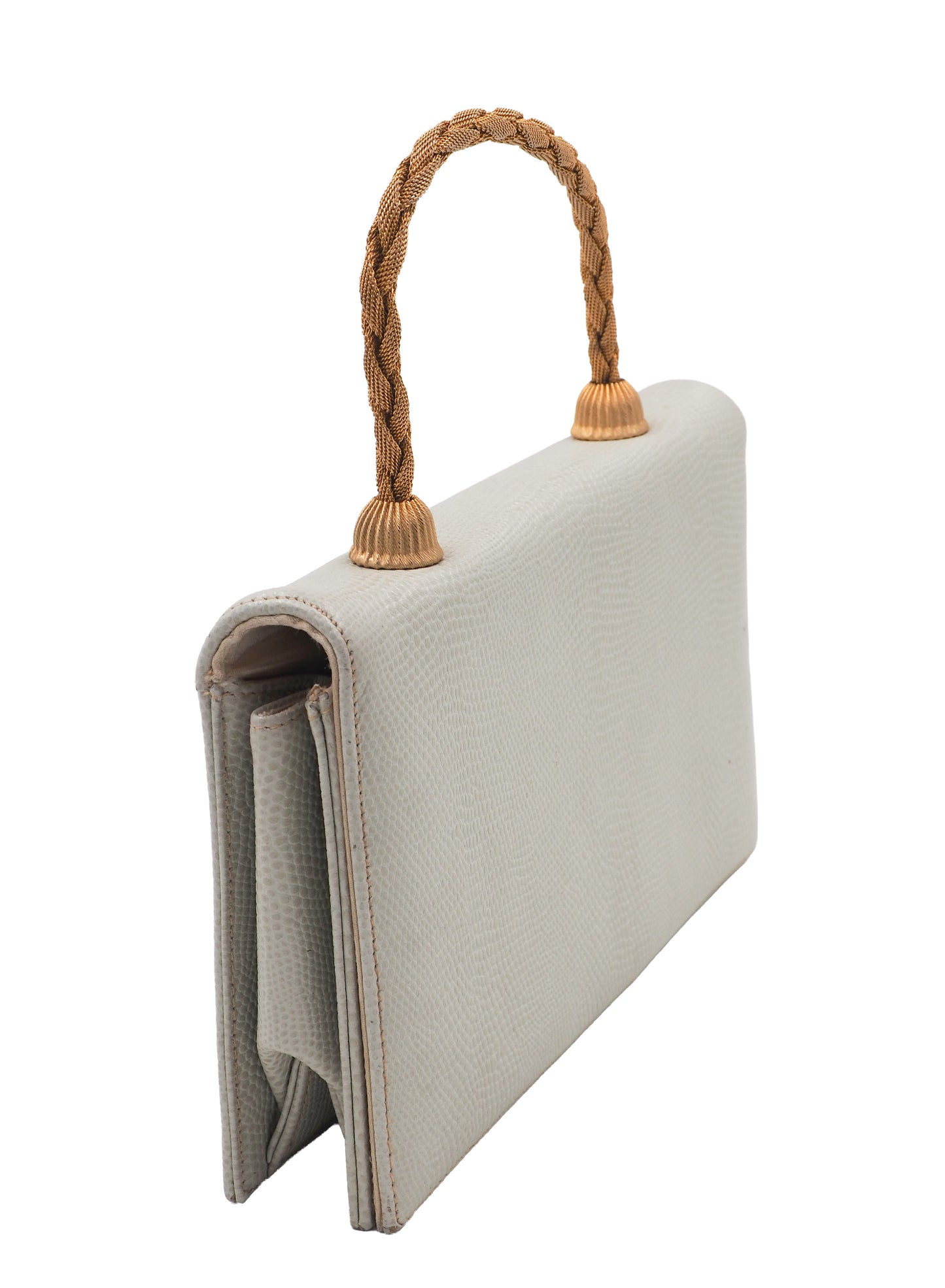 A vintage white lizard textured leather clutch handbag with a braided tan rope handle and gold-toned metal accents