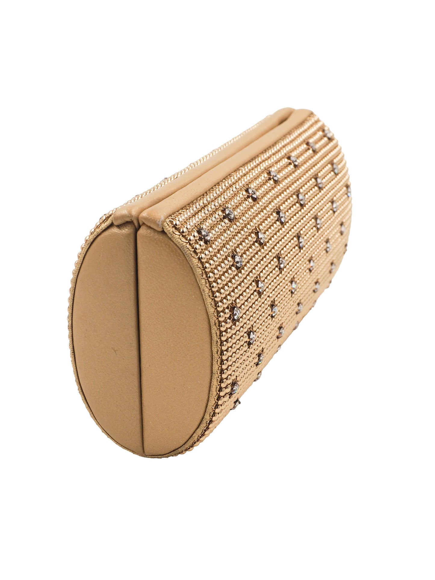 A whiting and davis gold-toned metallic clutch bag covered in a dense mesh of small rhinestones, decorated with a grid pattern of silver crystal studs
