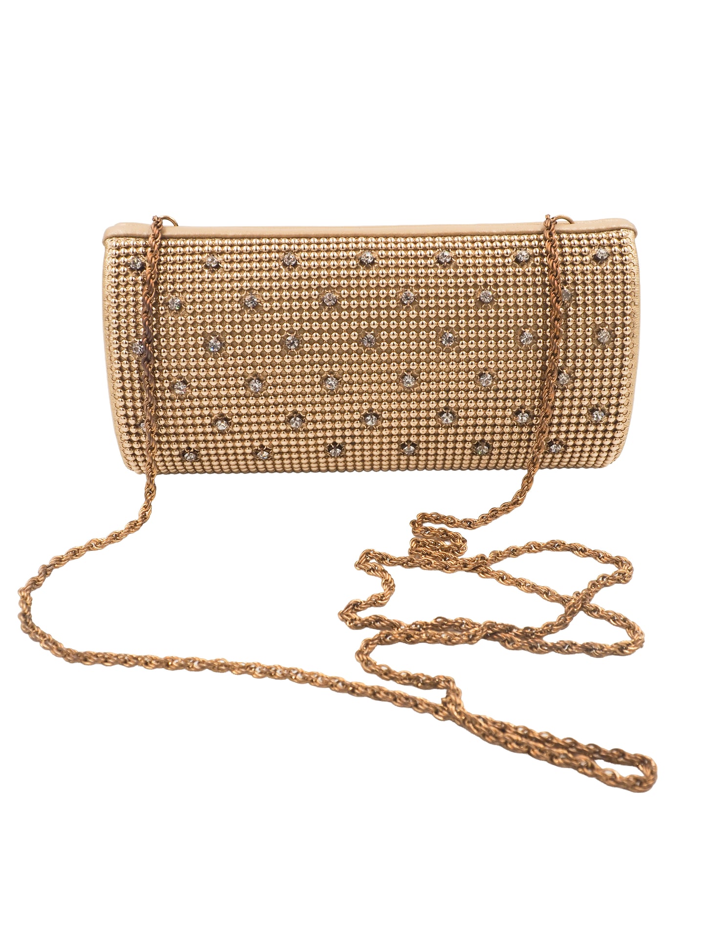 A whiting and Davis gold-toned rhinestone-embellished clutch bag with a matching chain strap