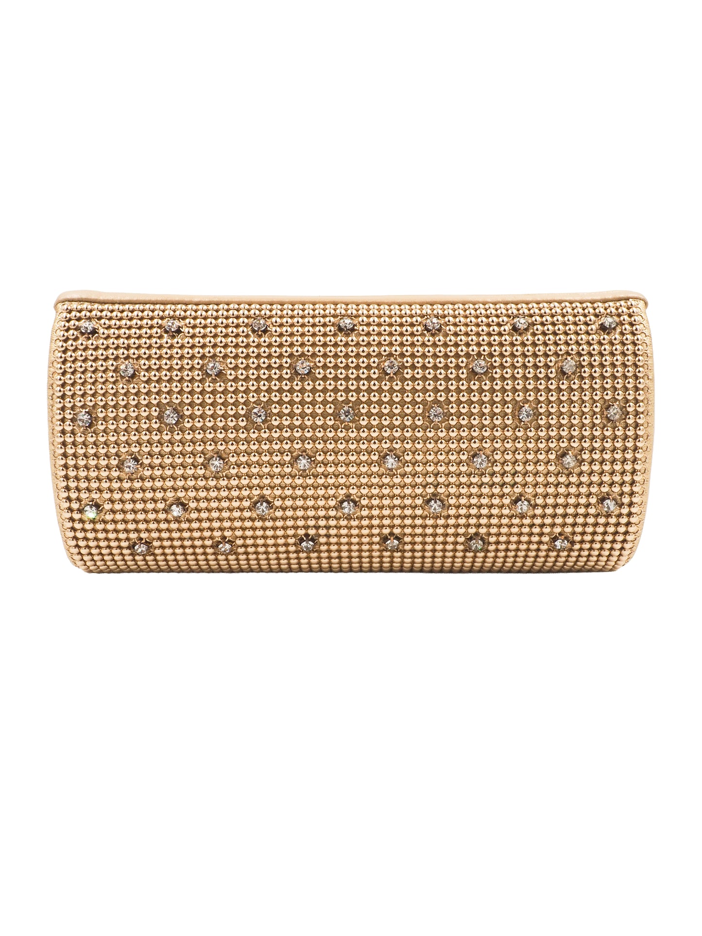 A whiting and davis gold-toned metallic clutch bag covered in a dense mesh of small rhinestones, decorated with a grid pattern of silver crystal studs