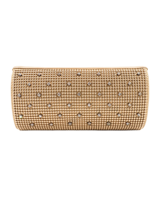 A whiting and davis gold-toned metallic clutch bag covered in a dense mesh of small rhinestones, decorated with a grid pattern of silver crystal studs