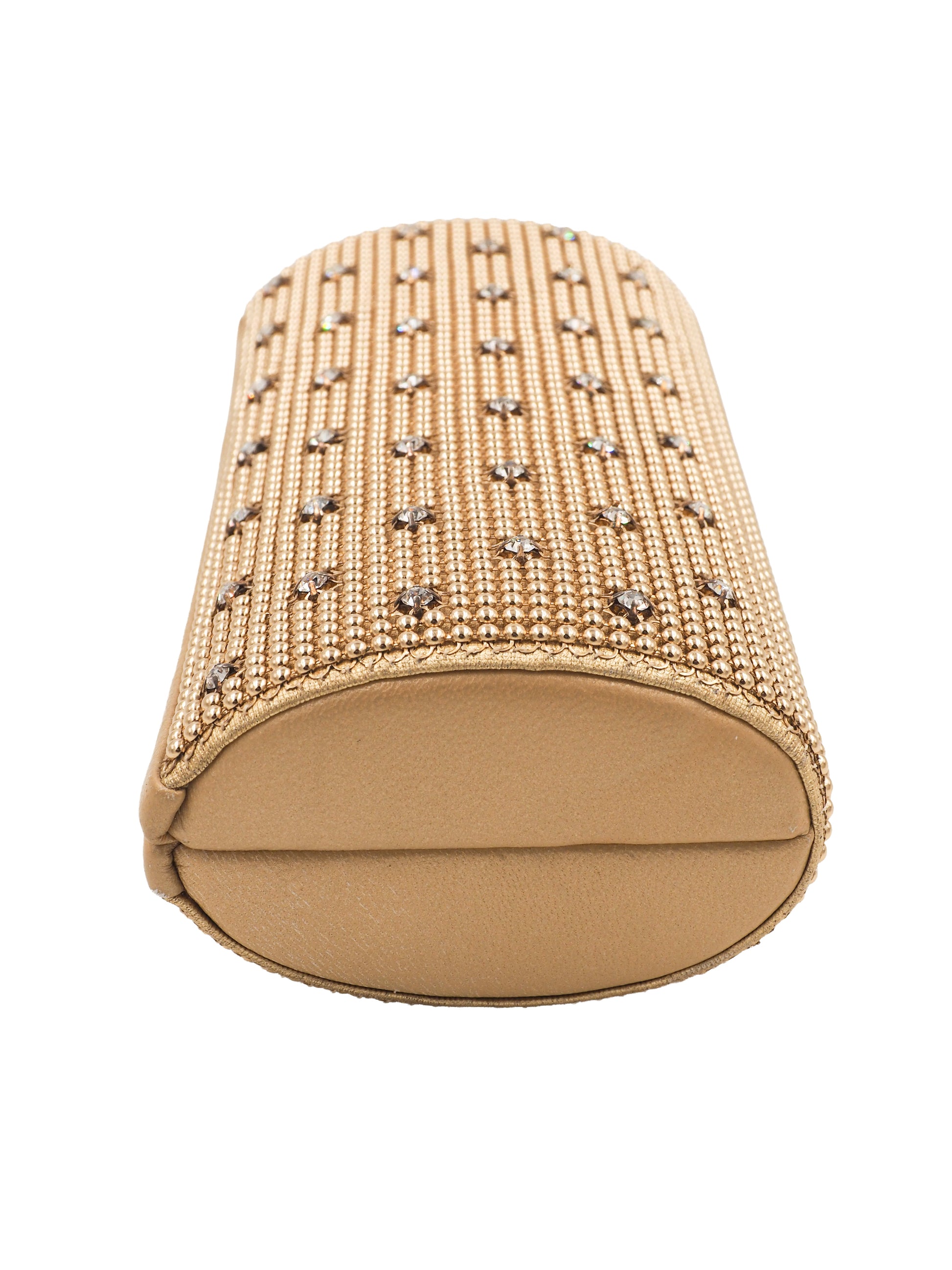 A whiting and davis gold-toned metallic clutch bag covered in a dense mesh of small rhinestones, decorated with a grid pattern of silver crystal studs
