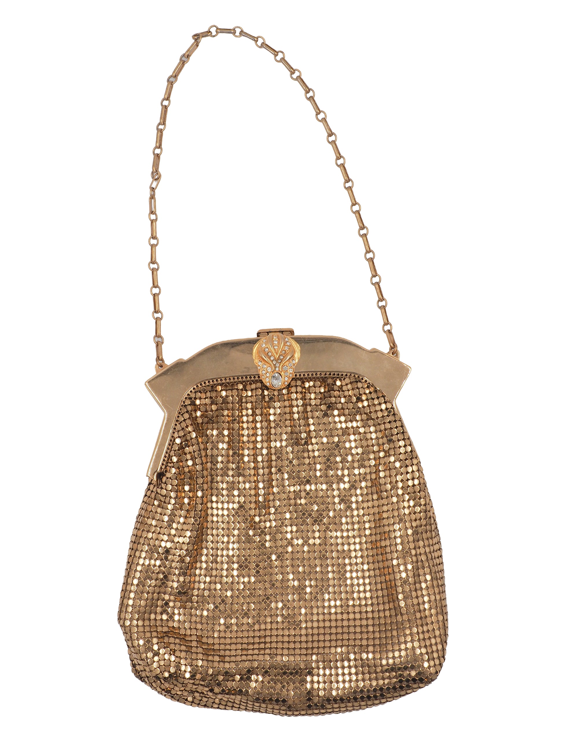 A vintage whiting & Davis gold mesh clutch handbag with a chain shoulder strap and a decorative gold-tone clasp at the top, shown against a plain white background.