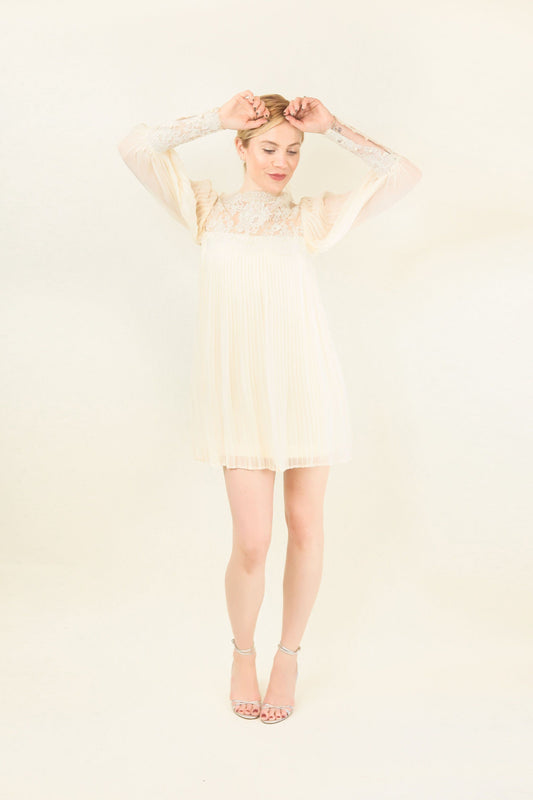 Cream Pleated and Lace Mini Dress