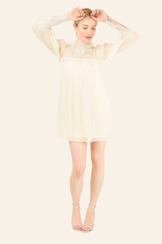 Cream Pleated and Lace Mini Dress - The Kit Vintage