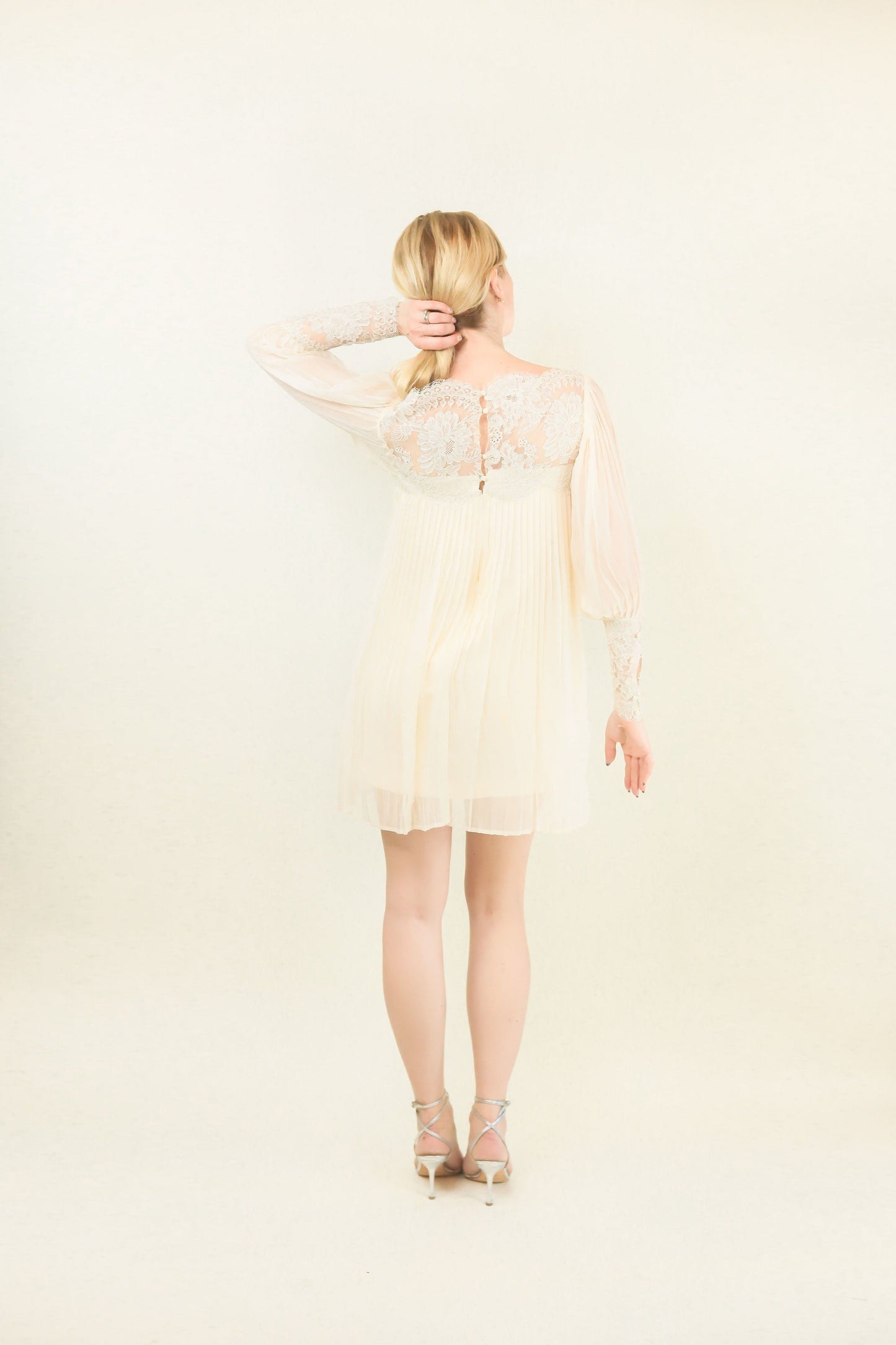 Cream Pleated and Lace Mini Dress
