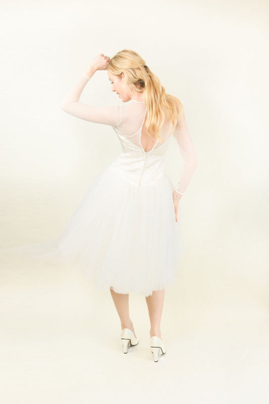 White Satin & Mesh Cocktail Dress - The Kit Vintage