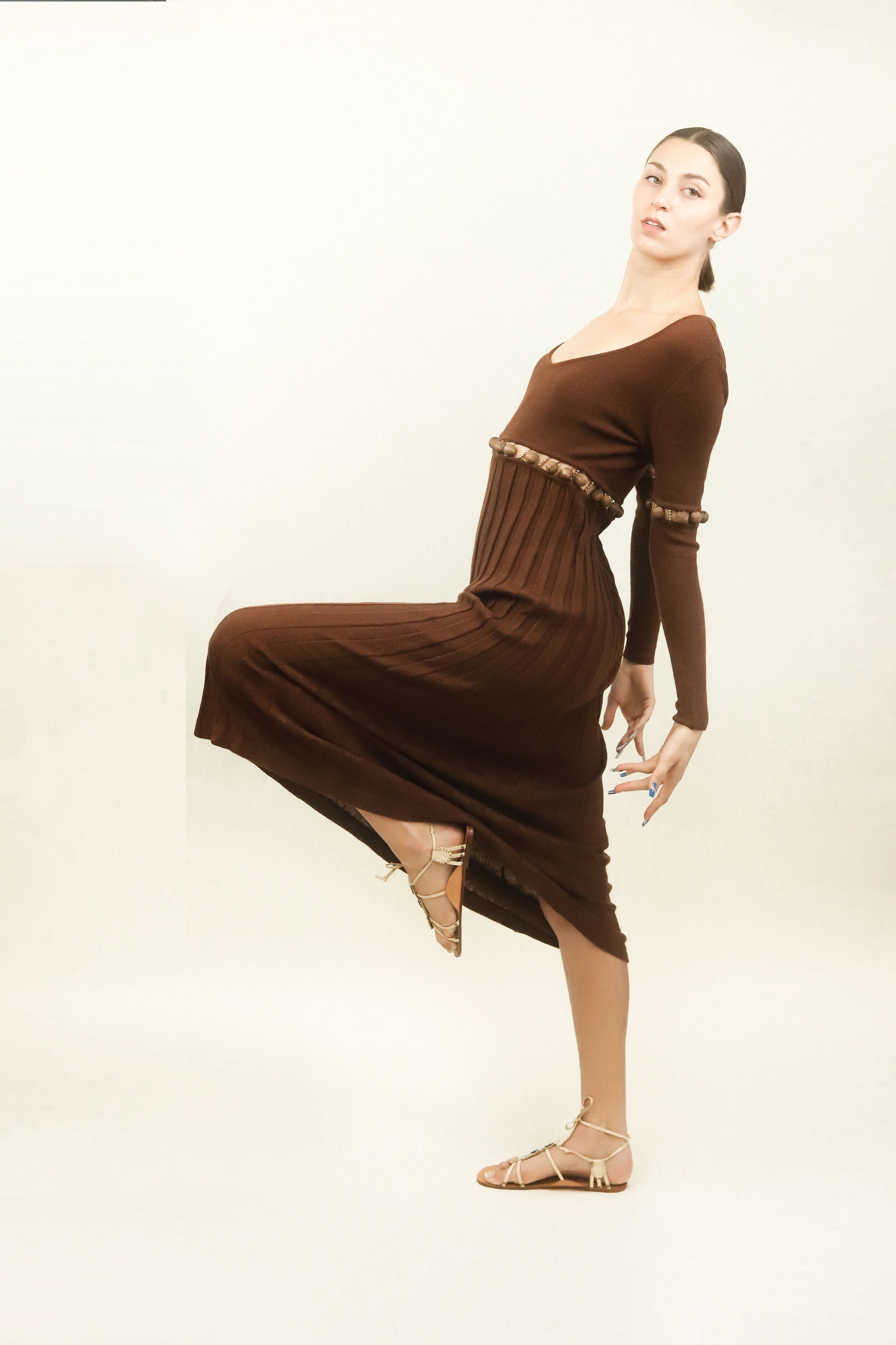 Laura Biagiotti Brown Knit Cut Out Beaded Dress