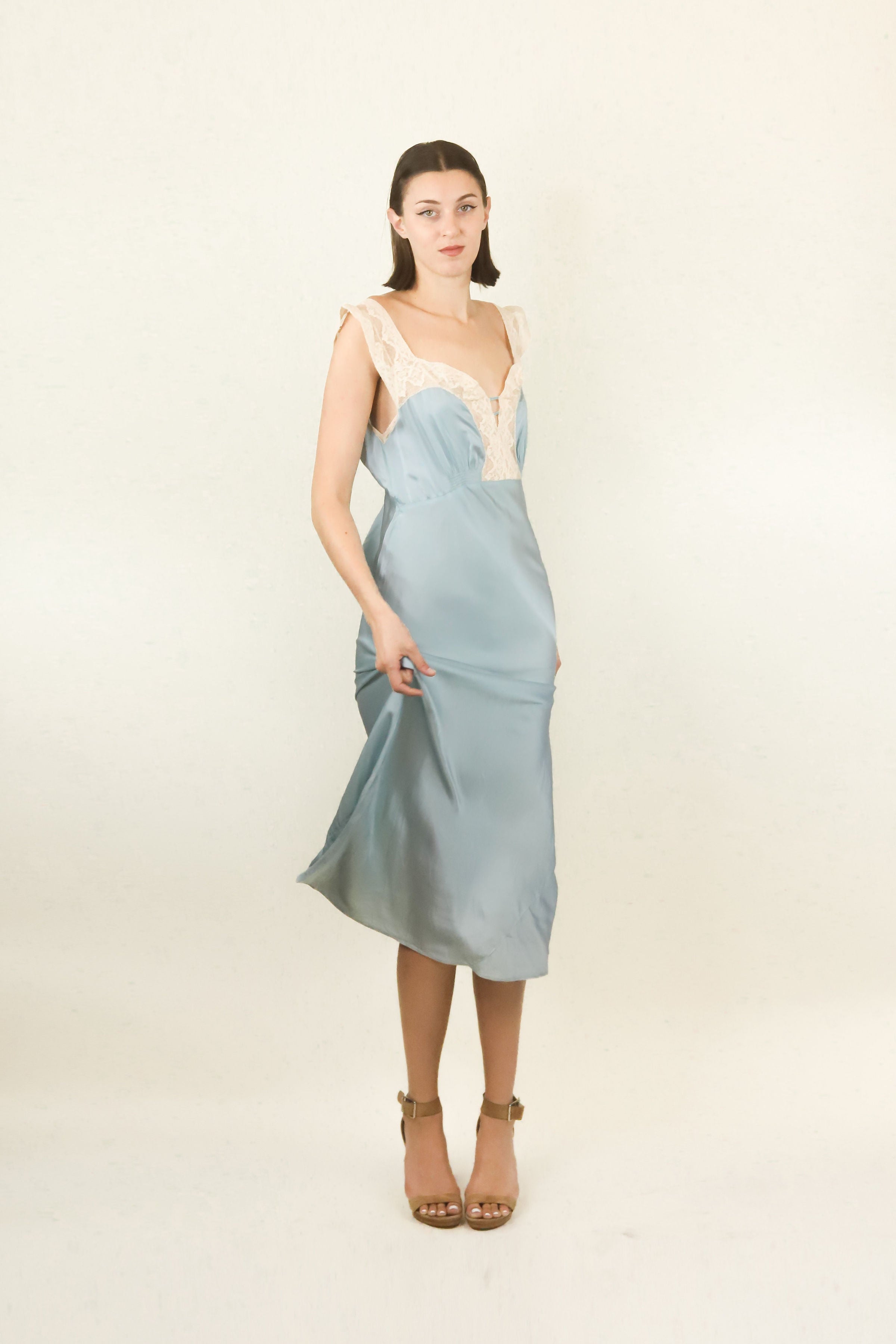 Blue Silk and Lace Slip Dress