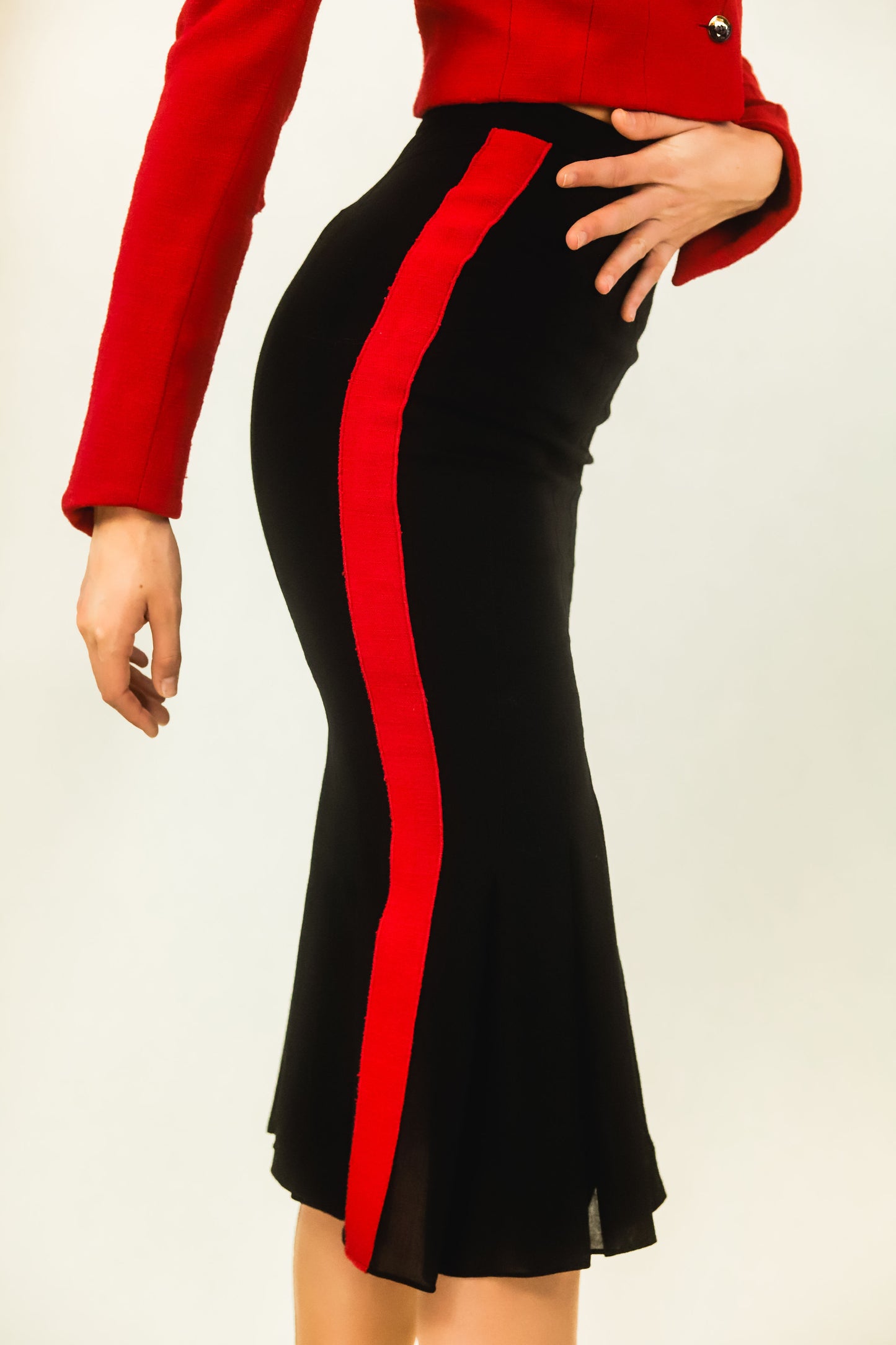 Karl Lagerfeld Red & Black Color Block Skirt Suit