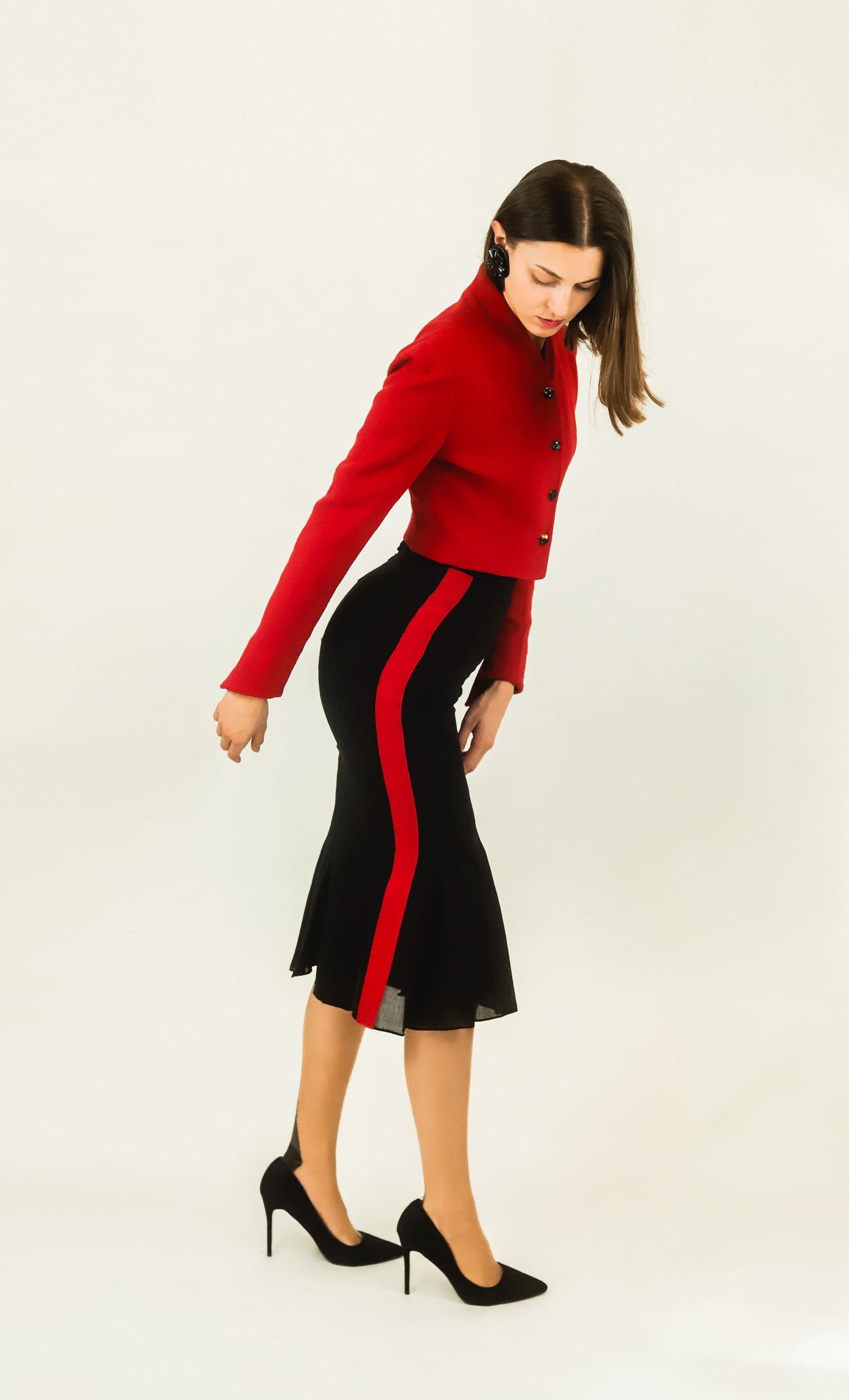 Karl Lagerfeld Red & Black Color Block Skirt Suit