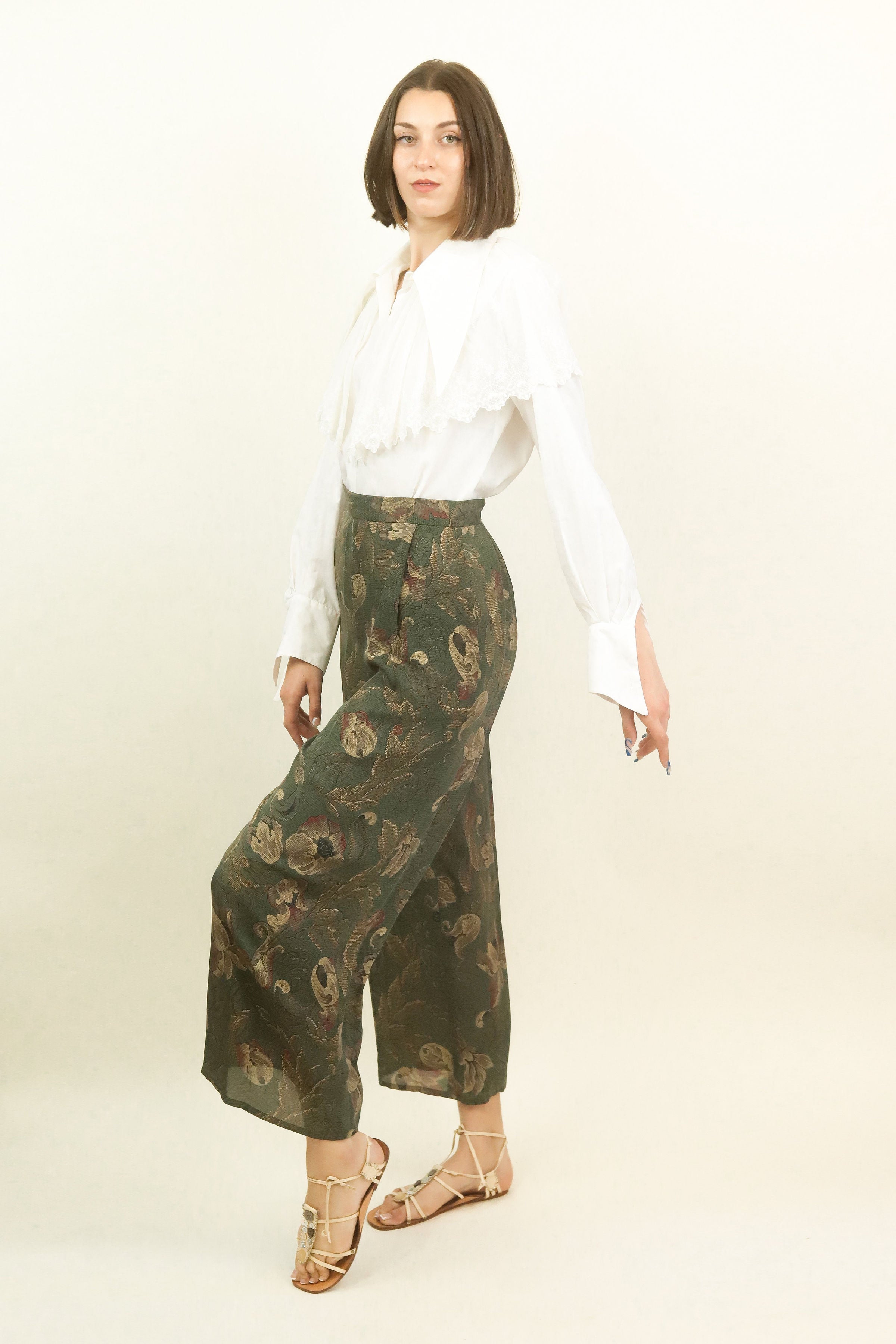 80's Olive Green Silk Floral Pants