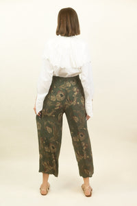 80's Olive Green Silk Floral Pants