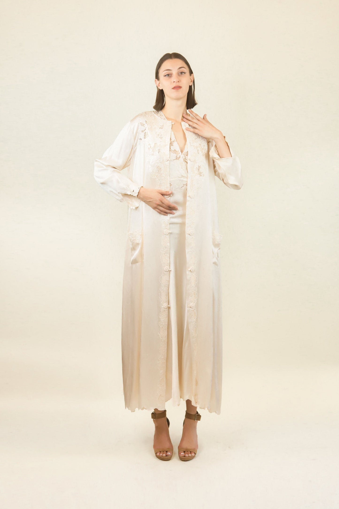 Ivory Silk and Lace Dress and Robe Set