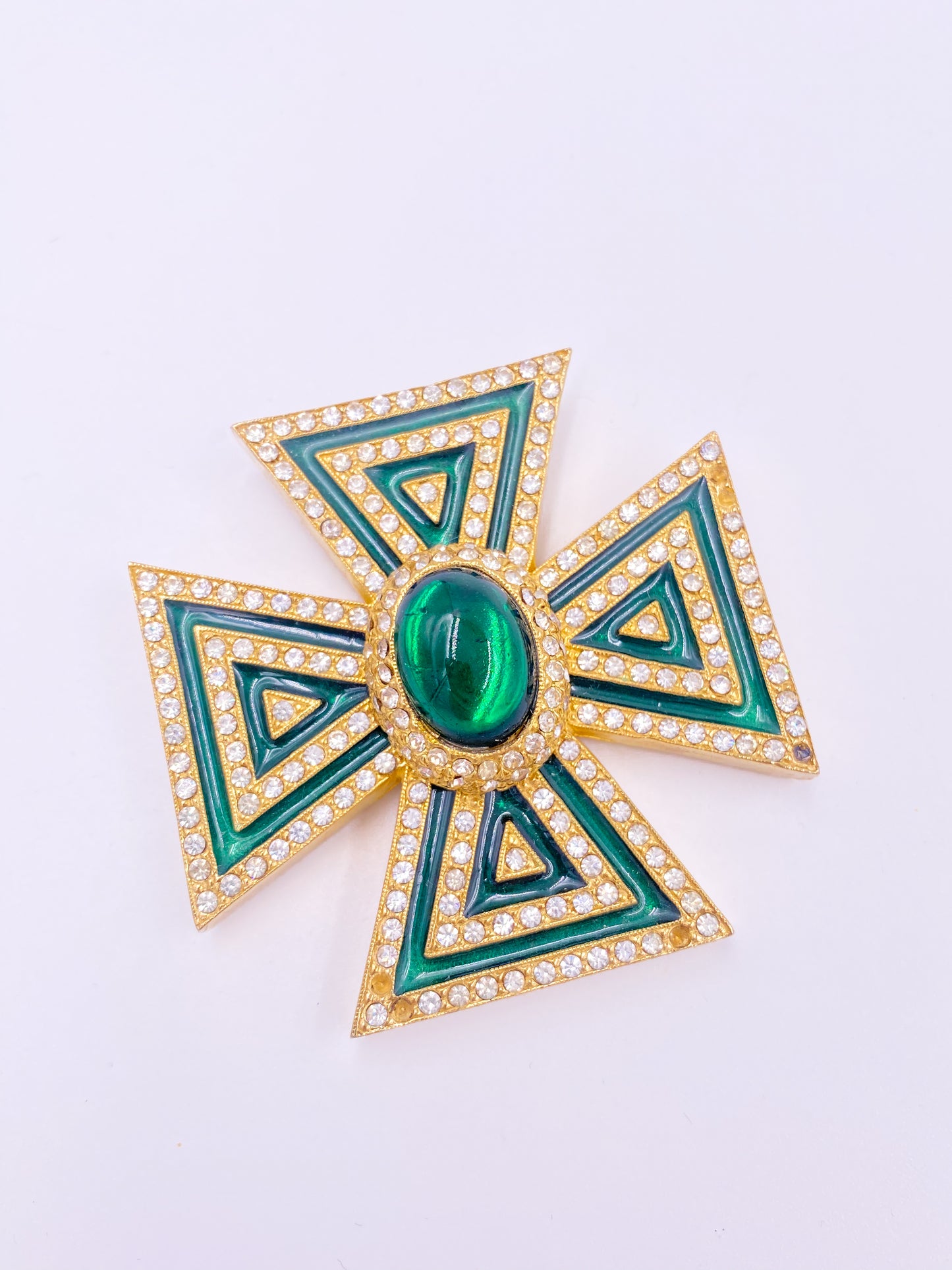 Galanos Maltese Cross Emerald Crystal Brooch