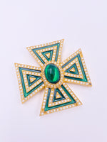 Load image into Gallery viewer, Galanos Maltese Cross Emerald Crystal Brooch
