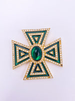 Load image into Gallery viewer, Galanos Maltese Cross Emerald Crystal Brooch
