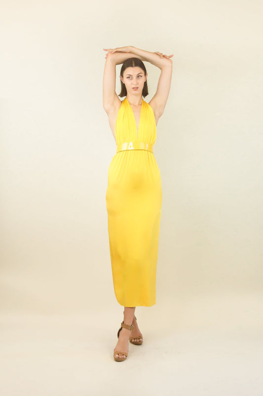Yellow 70's Halter Dress with Belt - The Kit Vintage