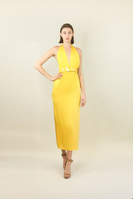 Yellow 70's Halter Dress with Belt - The Kit Vintage