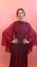 Load image into Gallery viewer, Stavropoulos Burgundy Chiffon Bell Sleeve Gown
