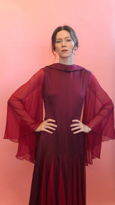 Stavropoulos Burgundy Chiffon Bell Sleeve Gown