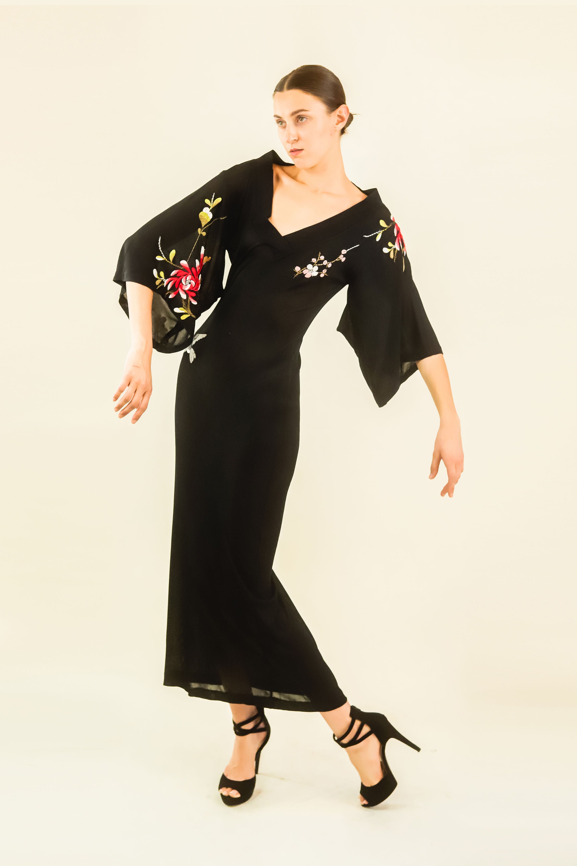 Jean Paul Gaultier Embroidred Hummingbird Kimono Sleeve Gown