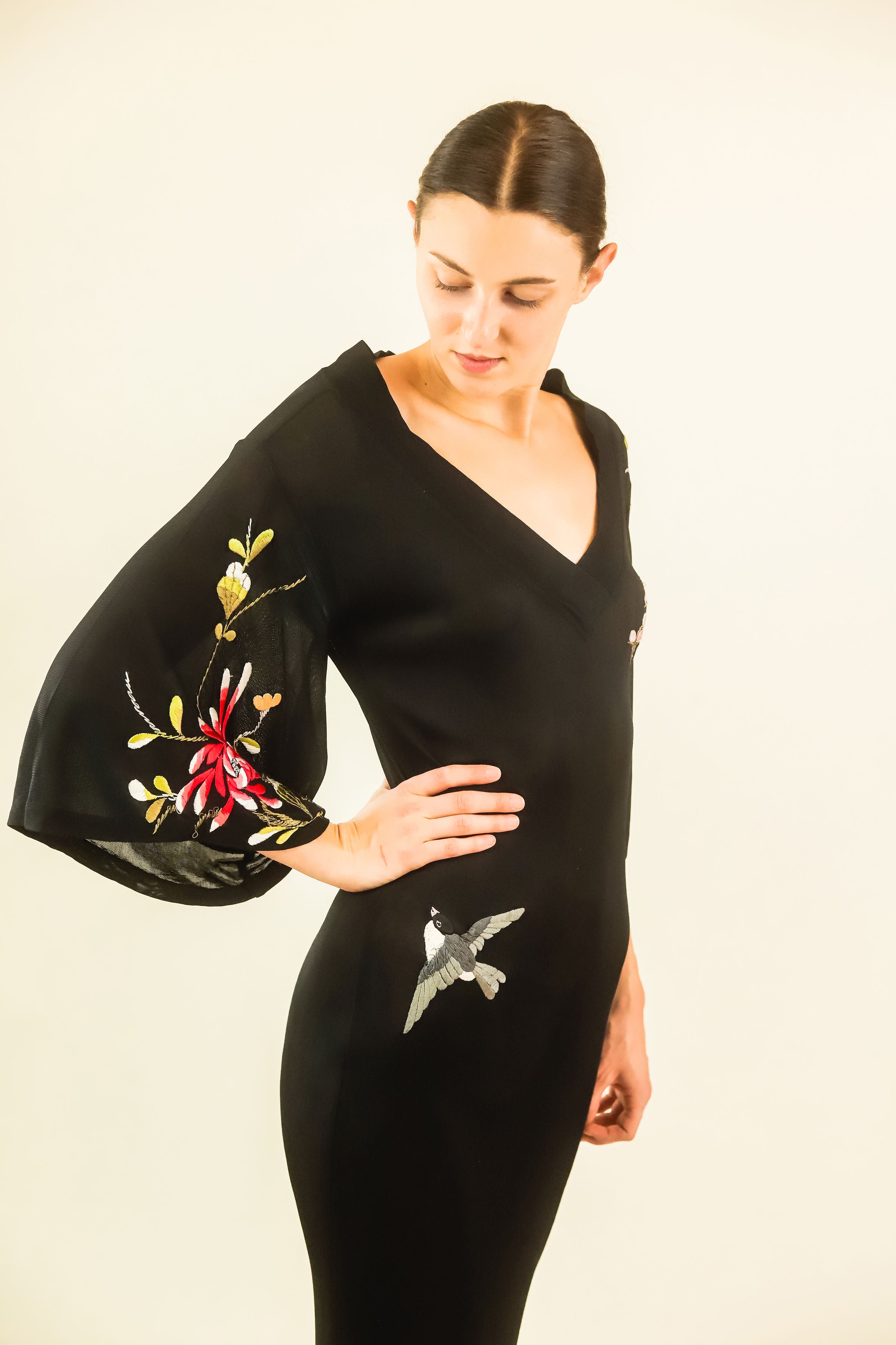 Jean Paul Gaultier Embroidred Hummingbird Kimono Sleeve Gown