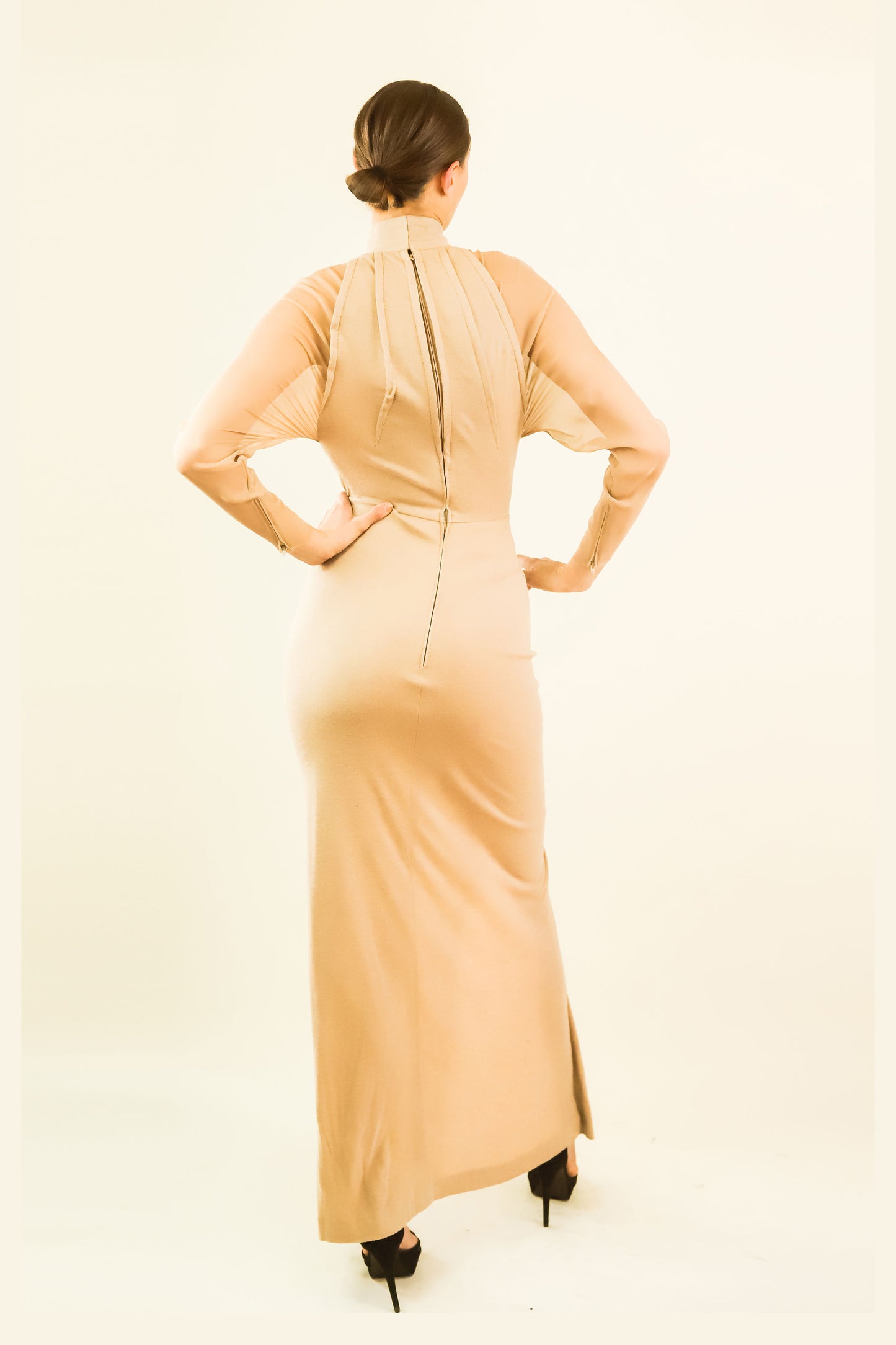 Galanos Mesh Sleeve Gown