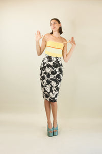 Courreges c 1980's Black & White Floral Skirt with Center Buttons