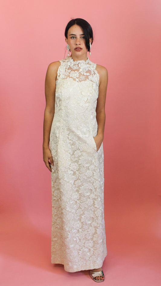 White Lace High Neck Gown - The Kit Vintage